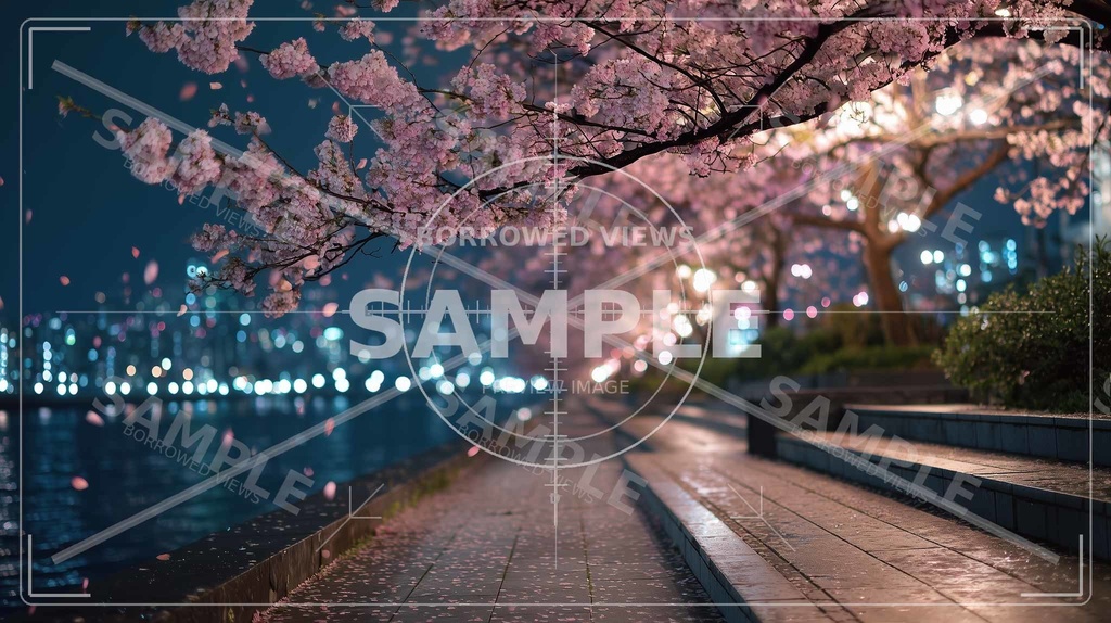 夜桜の余韻(桜フォーカス)|川沿いの情緒背景素材 12枚セット