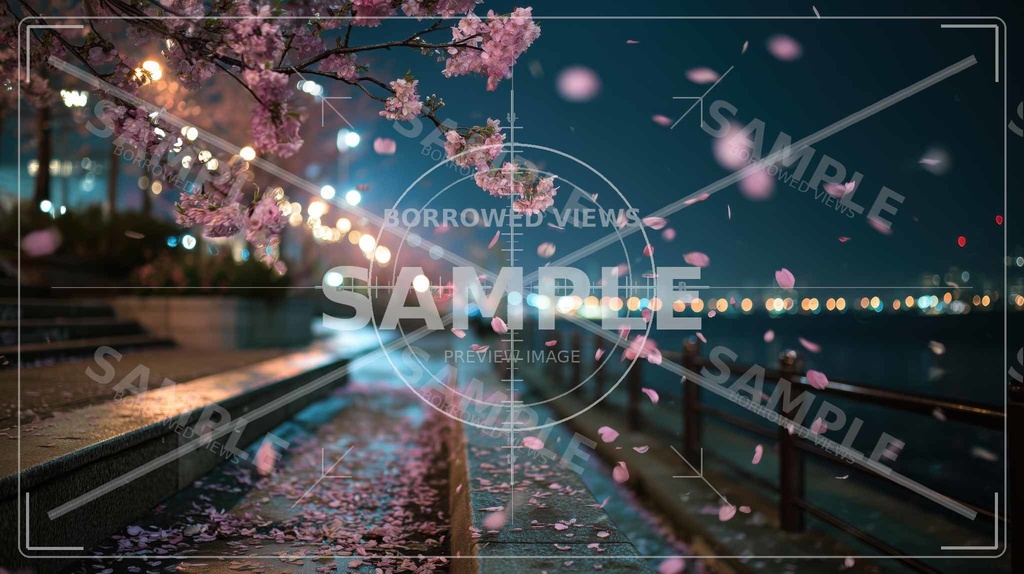 夜桜の余韻(桜フォーカス)|川沿いの情緒背景素材 12枚セット