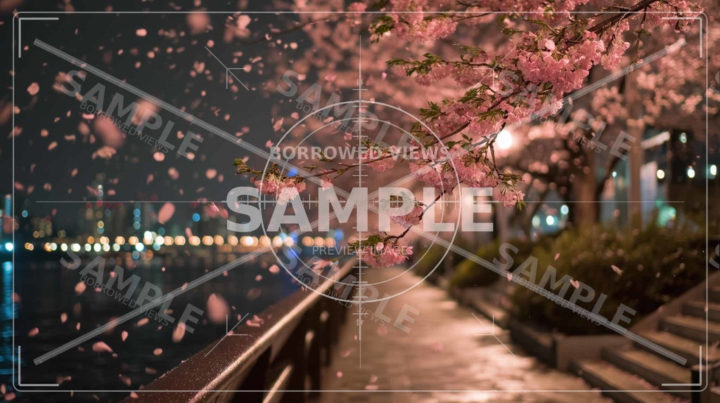 夜桜の余韻(桜フォーカス)|川沿いの情緒背景素材 12枚セット