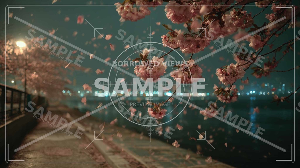 夜桜の余韻(桜フォーカス)|川沿いの情緒背景素材 12枚セット