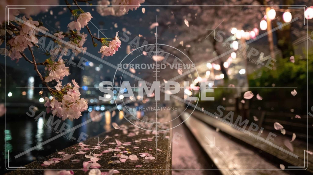 夜桜の余韻(桜フォーカス)|川沿いの情緒背景素材 12枚セット