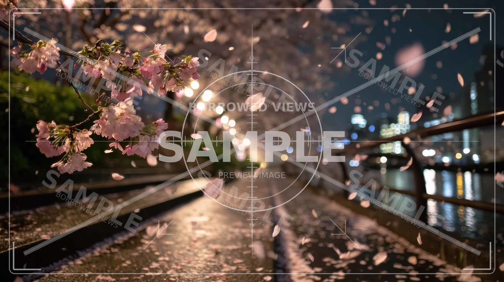 夜桜の余韻(桜フォーカス)|川沿いの情緒背景素材 12枚セット