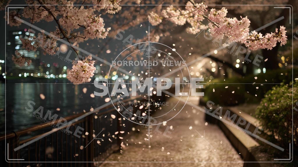 夜桜の余韻(桜フォーカス)|川沿いの情緒背景素材 12枚セット