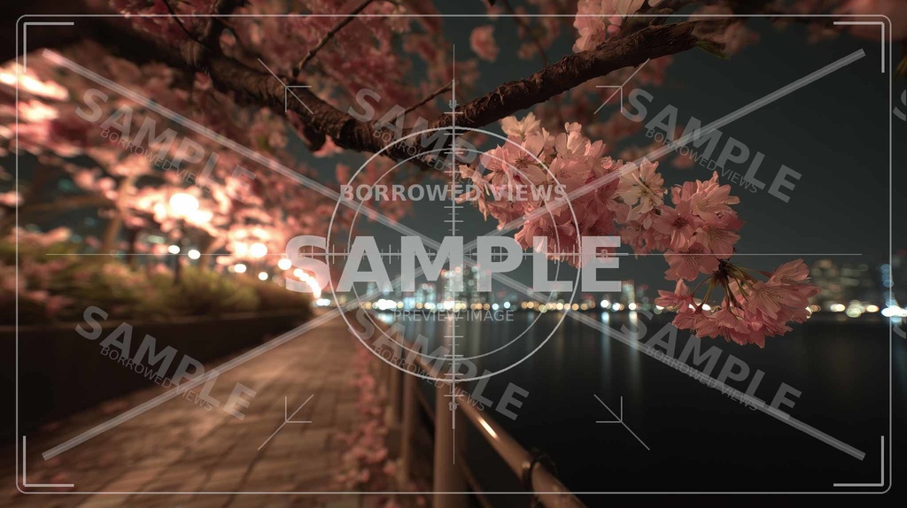 夜桜の余韻(桜フォーカス)|川沿いの情緒背景素材 12枚セット