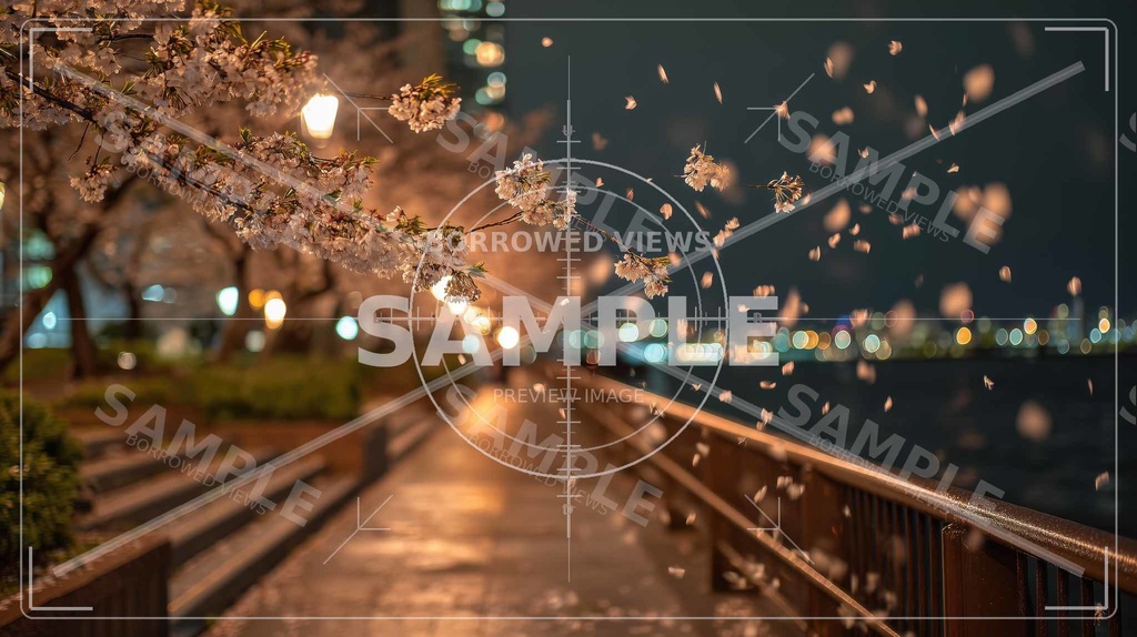 夜桜の余韻(桜フォーカス)|川沿いの情緒背景素材 12枚セット