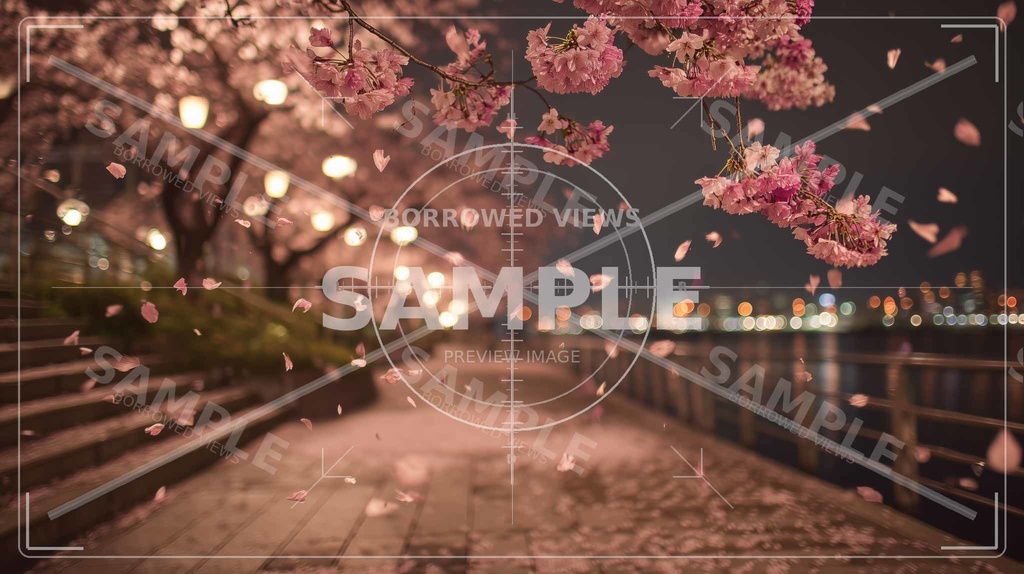 夜桜の余韻(桜フォーカス)|川沿いの情緒背景素材 12枚セット