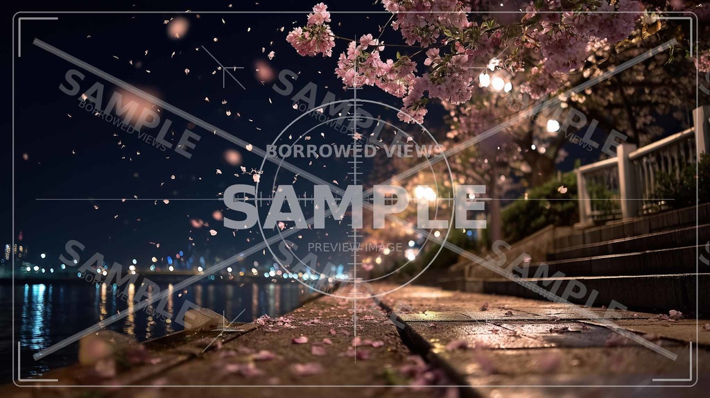 夜桜の余韻（桜フォーカス）｜川沿いの情緒背景素材 12枚セット