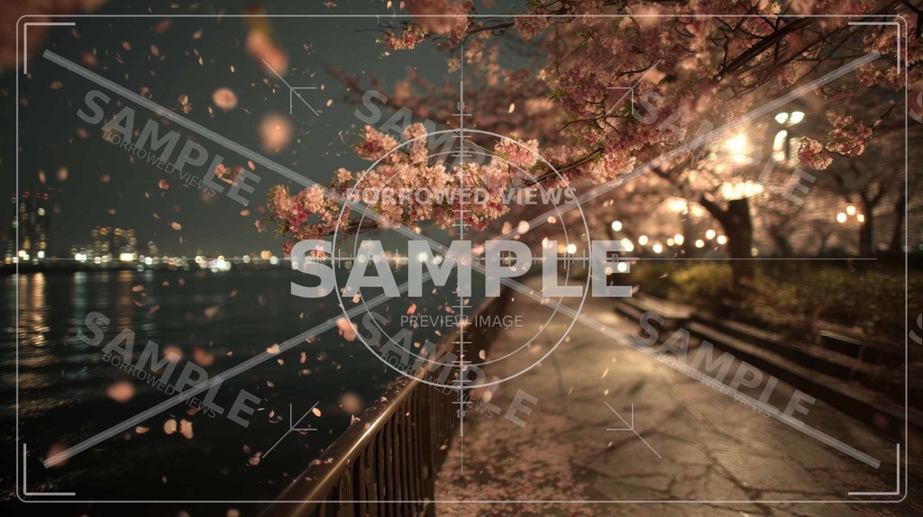 夜桜の余韻(桜フォーカス)|川沿いの情緒背景素材 12枚セット