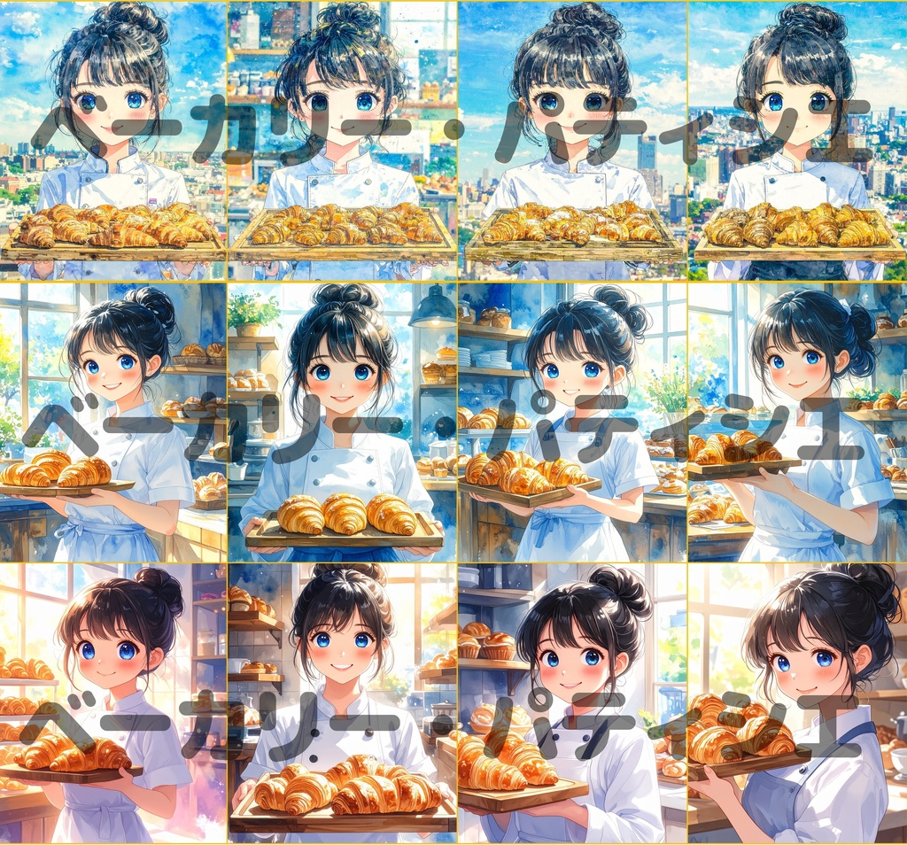 水彩パティシエ素材集「焼きたてパンと甘い時間」(12枚セット)