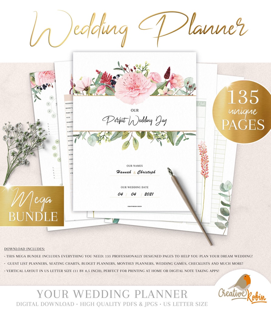 PRINTABLE Wedding Planner & Wedding Organizer | Wedding Checklist PDF | Maid of Honor Planner | 135 Pages 