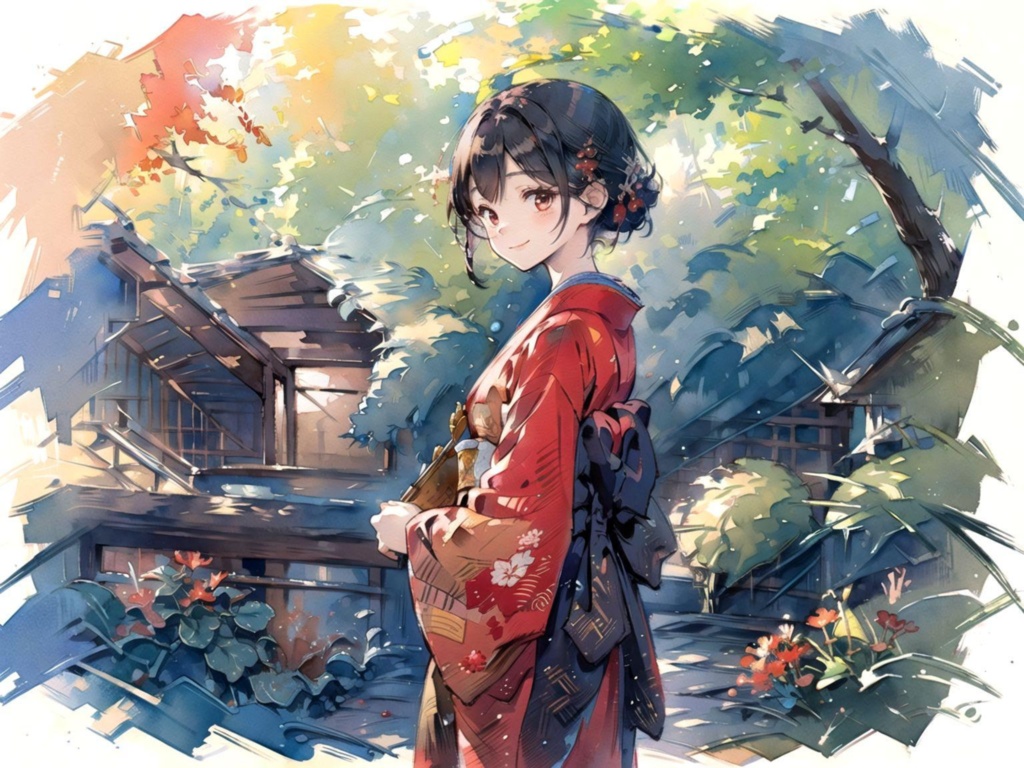 夏の庭と和装少女 - AI水彩画風イラスト