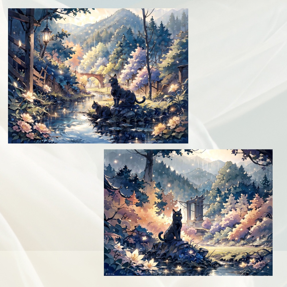 幻想の川辺と旅猫の風景 – ファンタジー背景素材セット