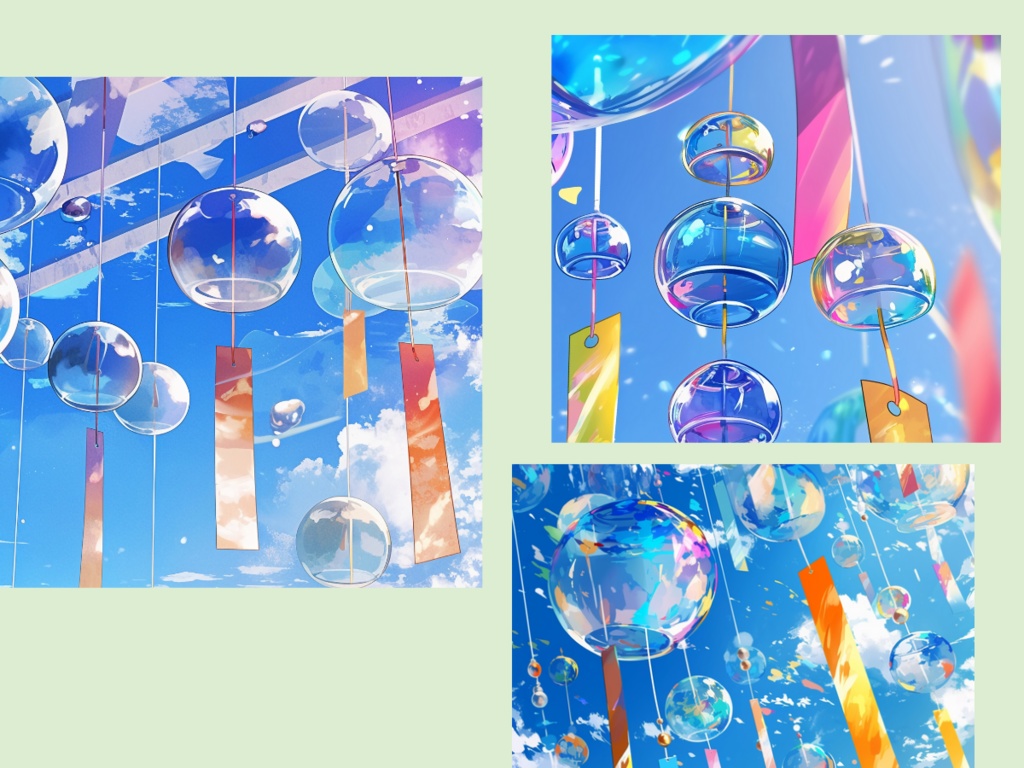 《夏空と風鈴》爽やかに響く涼の音|背景素材 6枚セット(4000×3000px PNG)