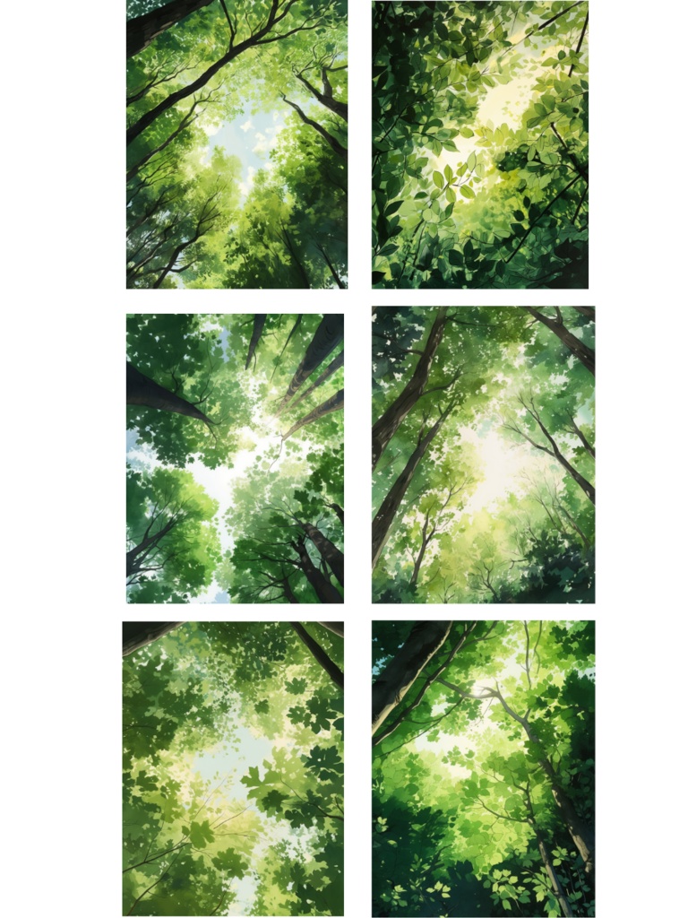 木漏れ日の森|水彩風ファンタジー背景素材〈6枚セット〉縦3000×4000px