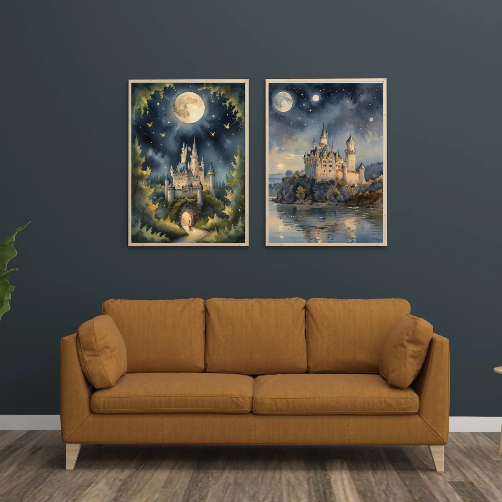 月夜のファンタジー城とドラゴン 水彩画アート6枚セット