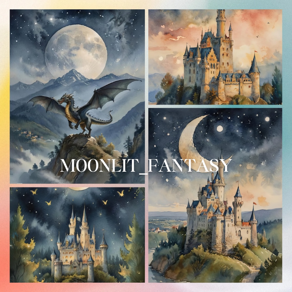 月夜のファンタジー城とドラゴン 水彩画アート6枚セット