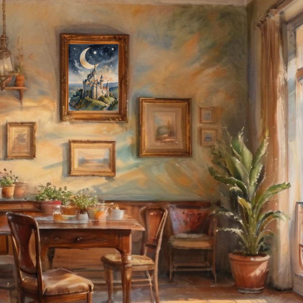 月夜のファンタジー城とドラゴン 水彩画アート6枚セット