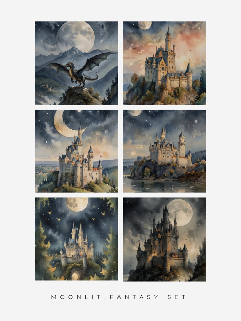 月夜のファンタジー城とドラゴン 水彩画アート6枚セット