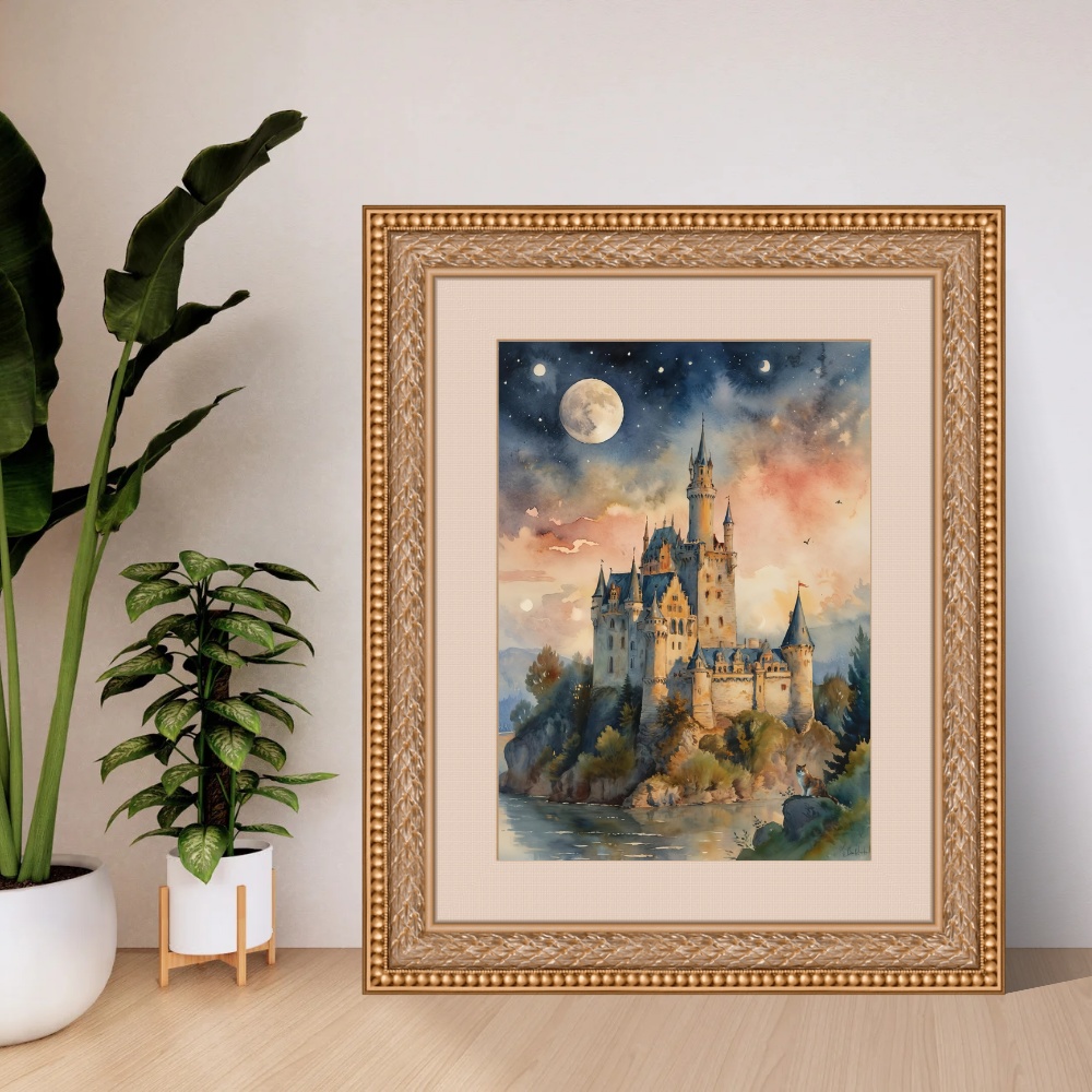 月夜のファンタジー城とドラゴン 水彩画アート6枚セット