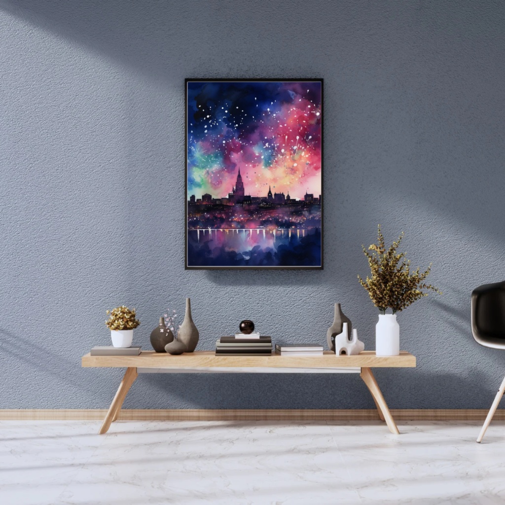 幻想的な花火と都市夜景の水彩アート6枚セット|高解像度3000×4000px JPG|デジタルダウンロード・商用利用可