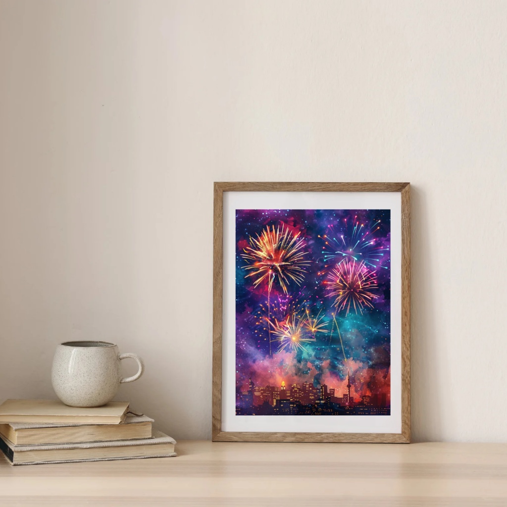 幻想的な花火と都市夜景の水彩アート6枚セット|高解像度3000×4000px JPG|デジタルダウンロード・商用利用可