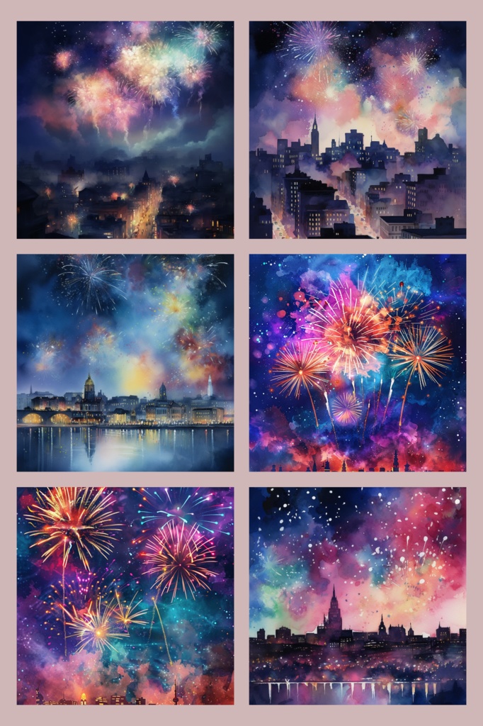 幻想的な花火と都市夜景の水彩アート6枚セット｜高解像度3000×4000px JPG｜デジタルダウンロード・商用利用可