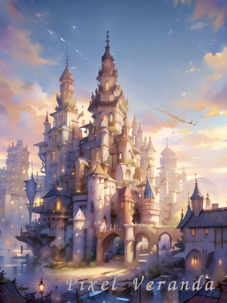 Fantasy Town シリーズ｜幻想的な街並みイラスト 3枚セット（3000×4000px PNG）