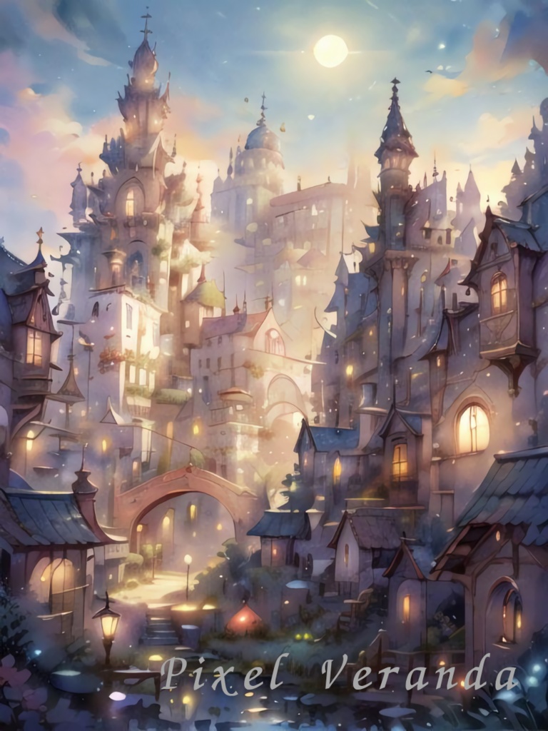 Fantasy Town シリーズ|幻想的な街並みイラスト 3枚セット(3000×4000px PNG)