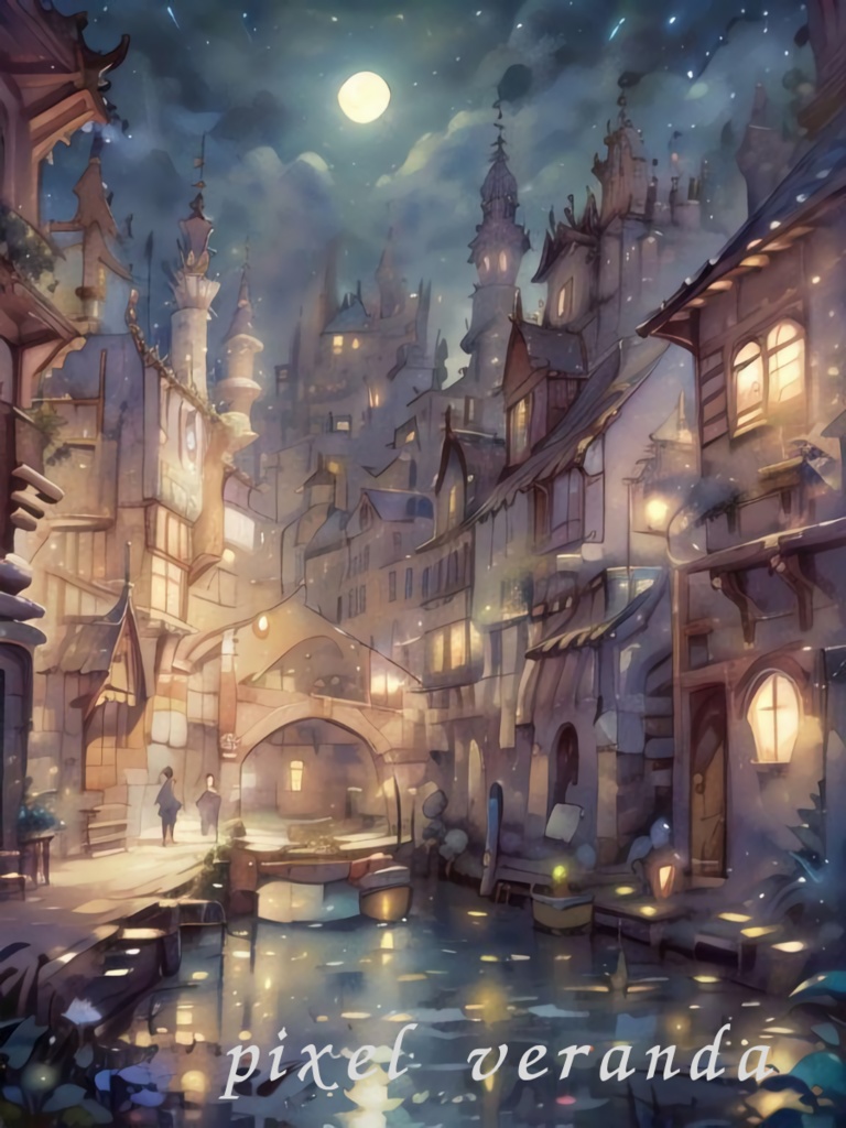 Fantasy Town シリーズ|幻想的な街並みイラスト 3枚セット(3000×4000px PNG)