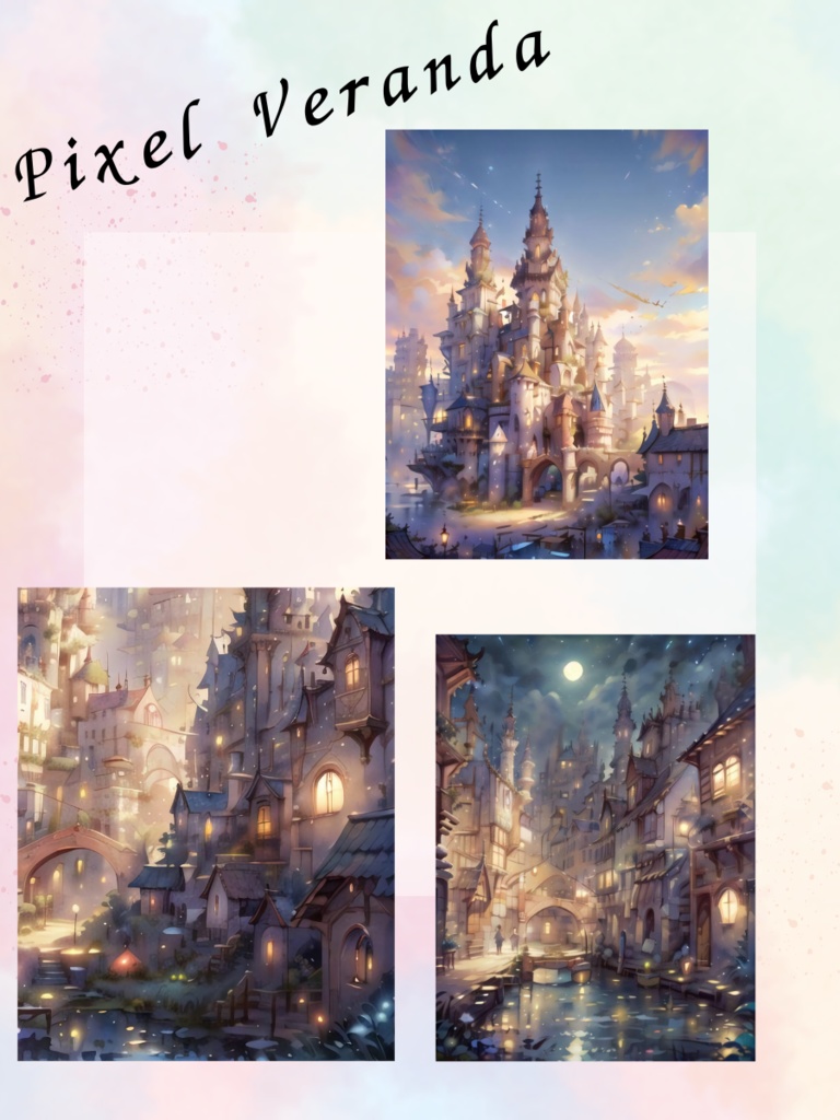 Fantasy Town シリーズ|幻想的な街並みイラスト 3枚セット(3000×4000px PNG)