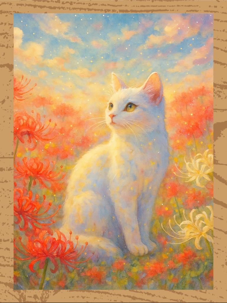 白猫と彼岸花の幻想風景|水彩ファンタジーアート素材