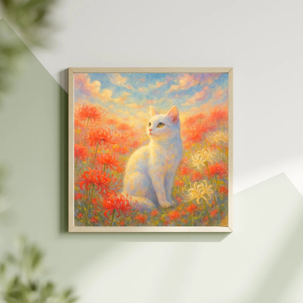 白猫と彼岸花の幻想風景|水彩ファンタジーアート素材