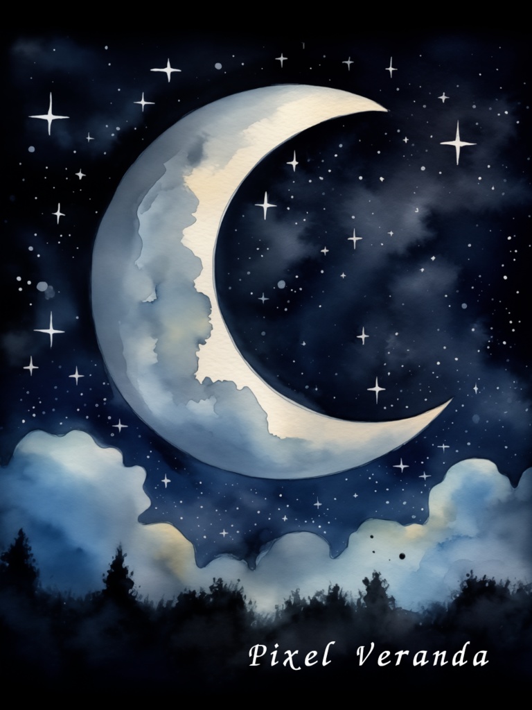 Moonlit Dreams Series – 三日月と夜空の水彩アート 4枚セット【デジタル素材】