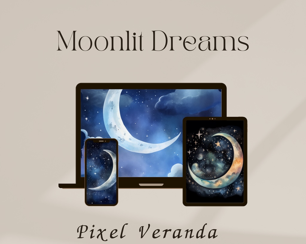 Moonlit Dreams Series – 三日月と夜空の水彩アート 4枚セット【デジタル素材】