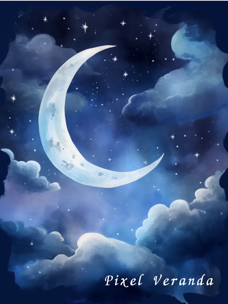 Moonlit Dreams Series – 三日月と夜空の水彩アート 4枚セット【デジタル素材】