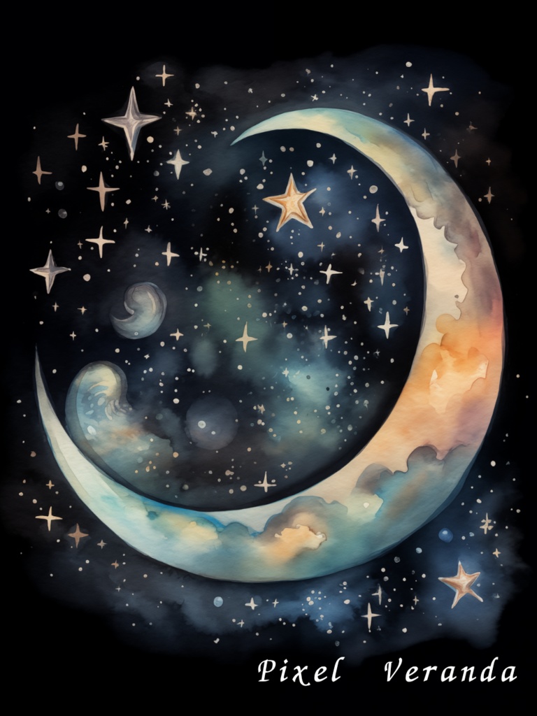 Moonlit Dreams Series – 三日月と夜空の水彩アート 4枚セット【デジタル素材】