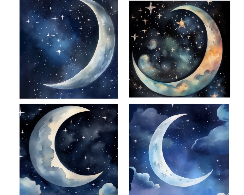 Moonlit Dreams Series – 三日月と夜空の水彩アート 4枚セット【デジタル素材】