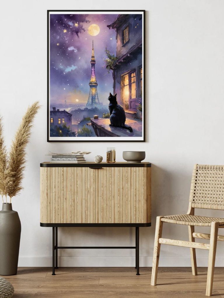 🌙月夜の塔と黒猫 – 幻想的な夜空の水彩イラスト4点セット