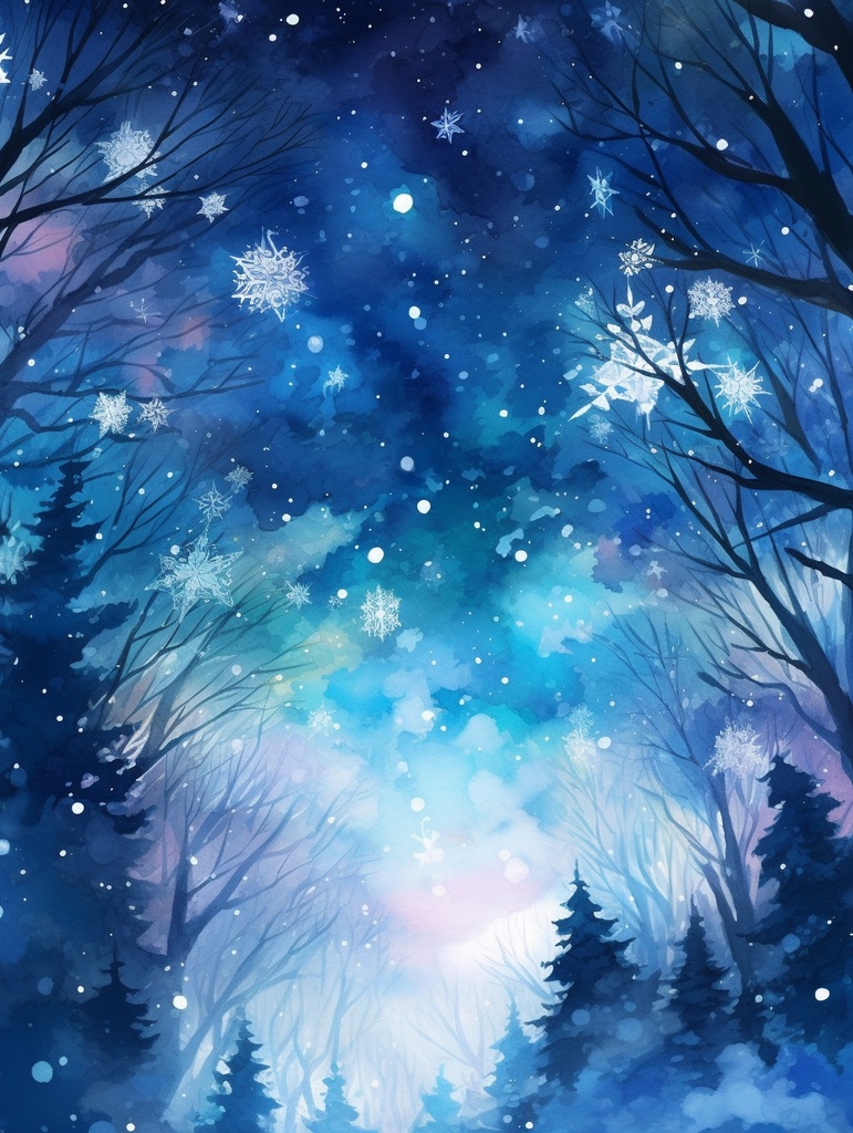 Winter Dreamscape – 幻想の雪夜背景素材セット(6枚) 幻想的な雪の結晶と冬空の背景コレクション