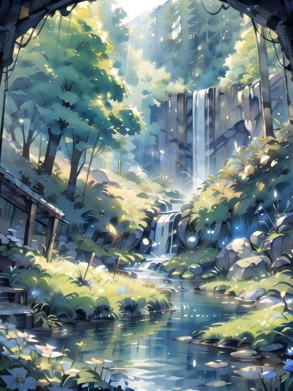 水と光のファンタジー背景セット（4枚）｜水彩タッチ・創作向け・3000×4000px｜デジタル素材