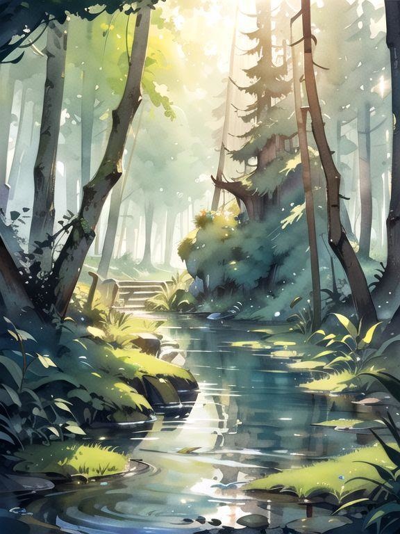 水と光のファンタジー背景セット(4枚)|水彩タッチ・創作向け・3000×4000px|デジタル素材