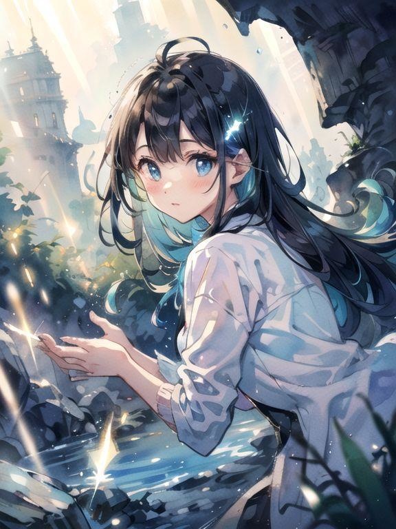 水と光のファンタジー背景セット(4枚)|水彩タッチ・創作向け・3000×4000px|デジタル素材