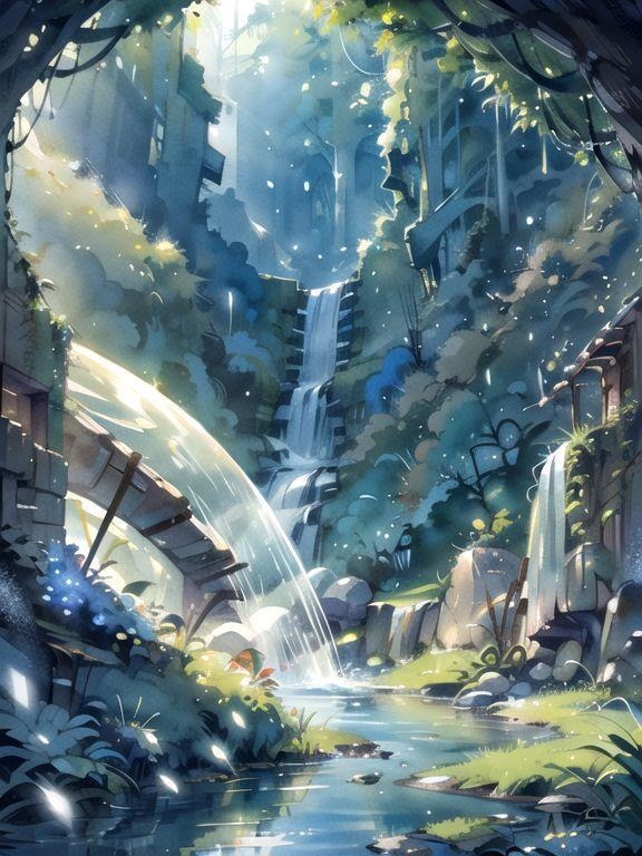 水と光のファンタジー背景セット(4枚)|水彩タッチ・創作向け・3000×4000px|デジタル素材