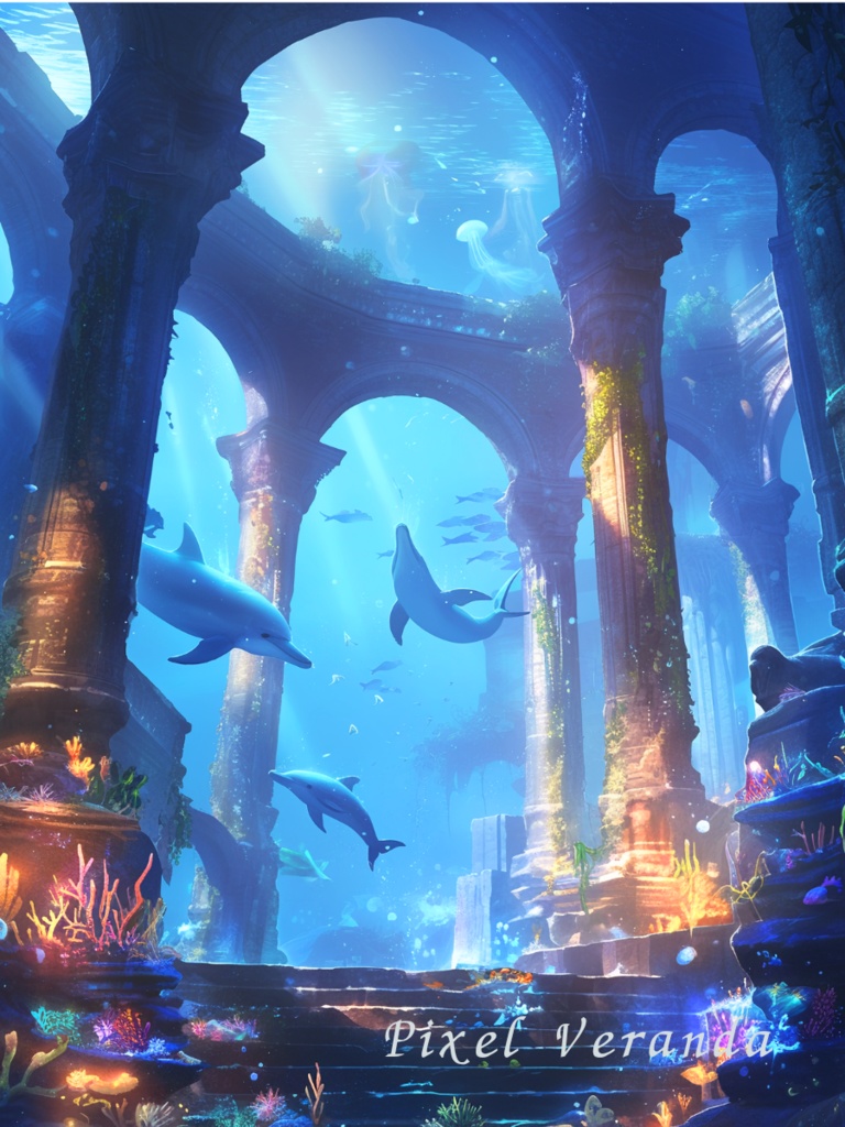 海底神殿ファンタジー背景素材 8枚セット【水中遺跡/深海アート】