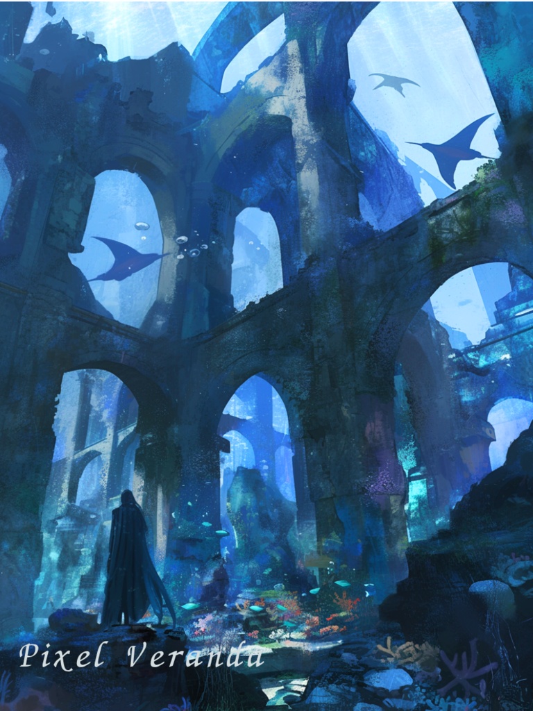 海底神殿ファンタジー背景素材 8枚セット【水中遺跡/深海アート】