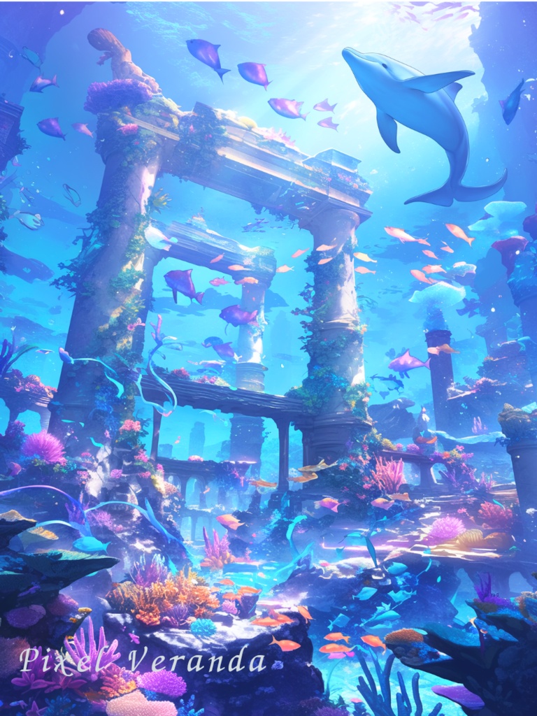 海底神殿ファンタジー背景素材 8枚セット【水中遺跡/深海アート】