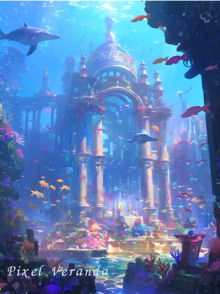 海底神殿ファンタジー背景素材 8枚セット【水中遺跡/深海アート】