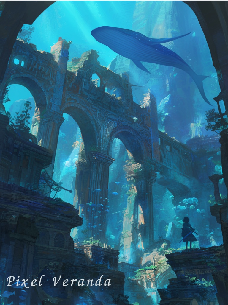 海底神殿ファンタジー背景素材 8枚セット【水中遺跡/深海アート】