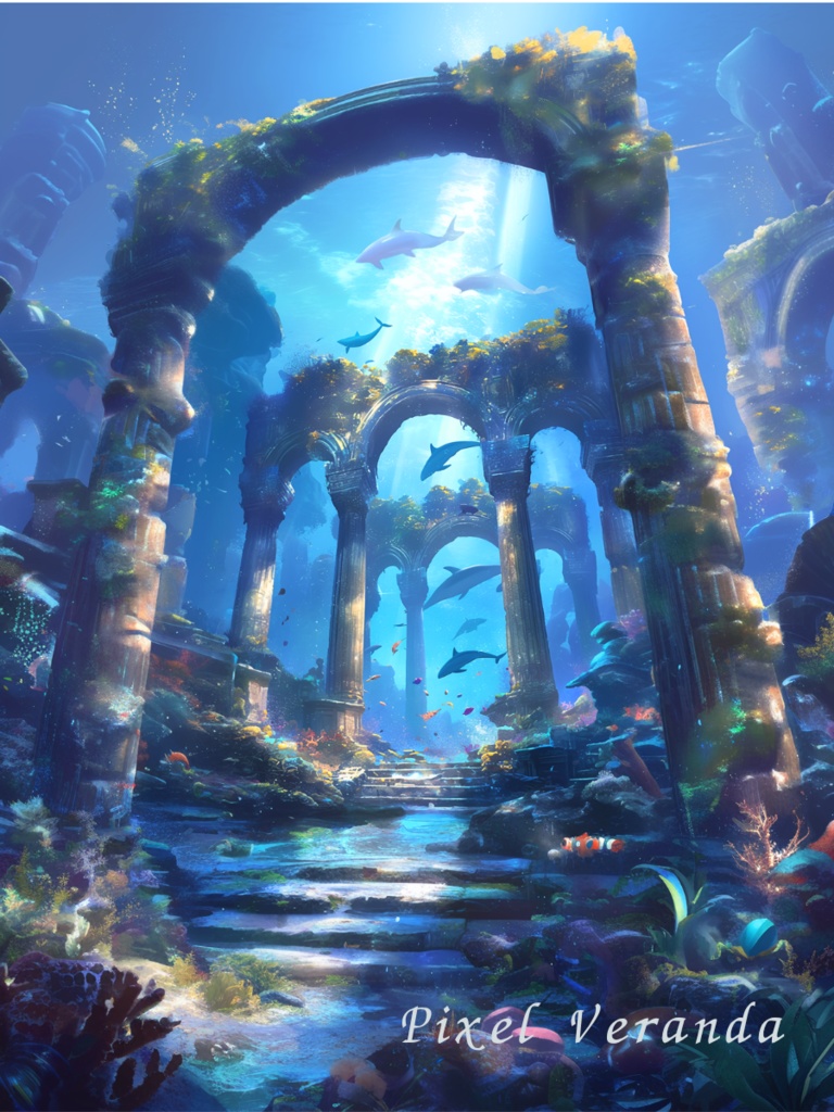 海底神殿ファンタジー背景素材 8枚セット【水中遺跡/深海アート】