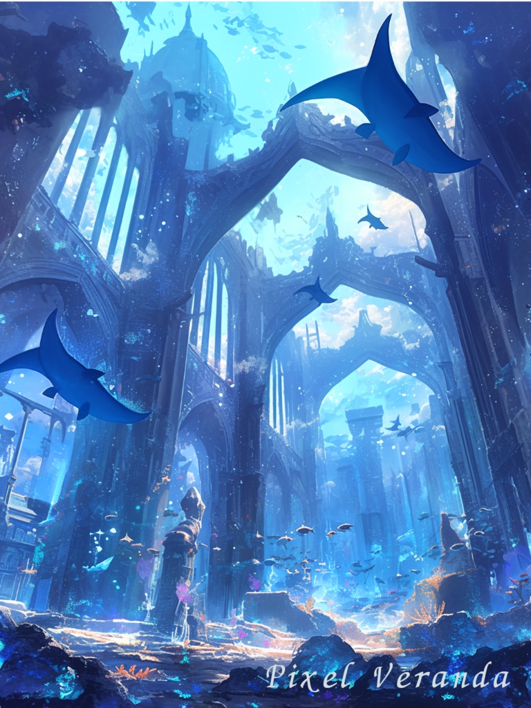 海底神殿ファンタジー背景素材 8枚セット【水中遺跡/深海アート】